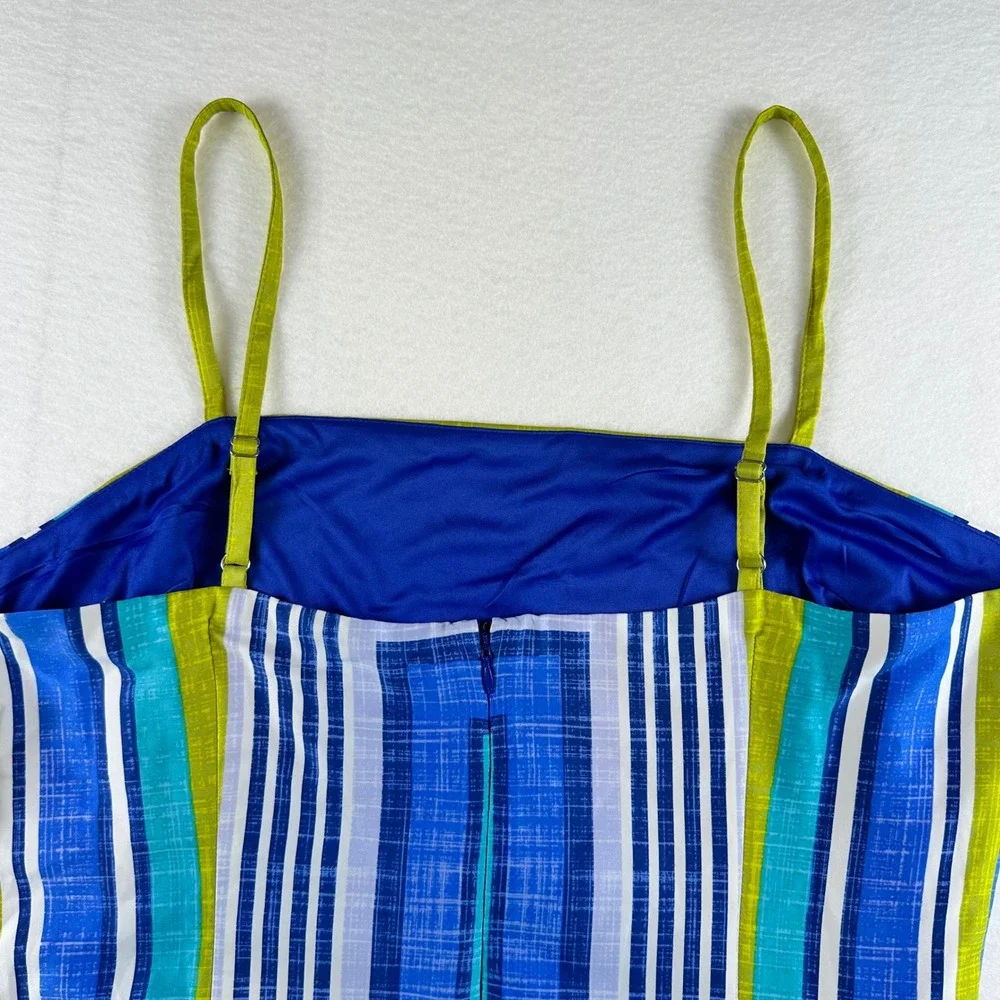 Donna Morgan Lime Blue Striped Maxi Dress Spaghetti Strap Side Slit Size 16 NEW - Picture 11 of 16